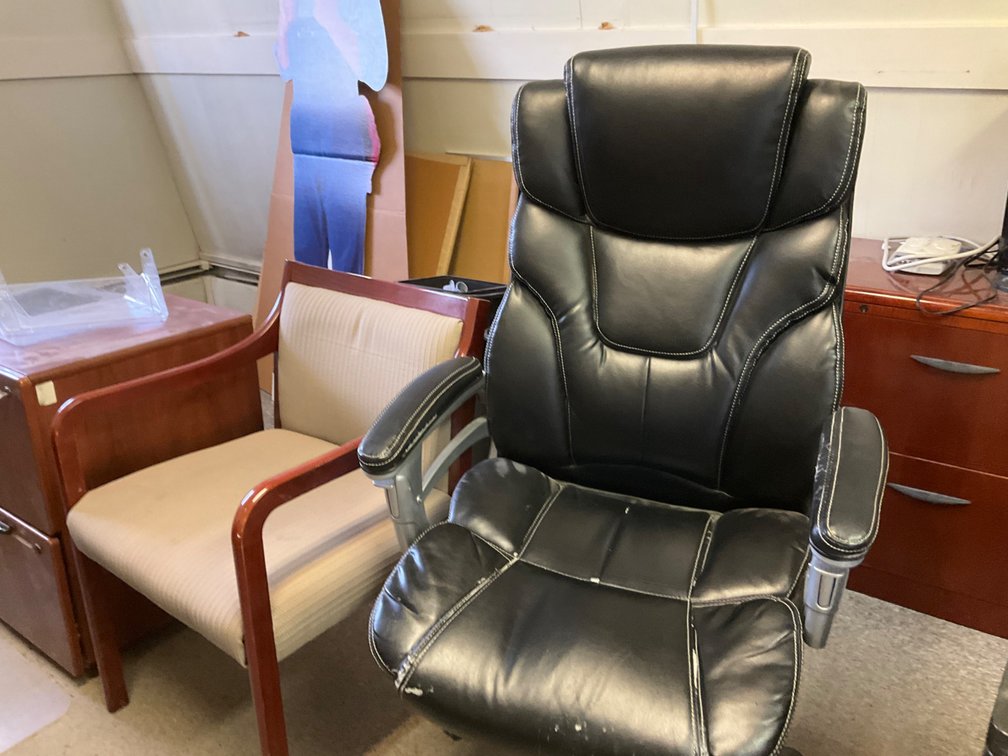 Black Rolling Adjustable Desk Chair with Arms and Indiana Furniture Industries Wooden Frame Upholstered Office Chair