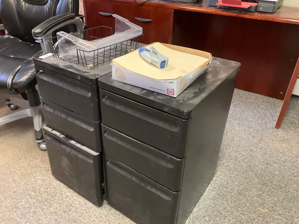 (2) Metal Black 3-Drawer File Cabinets - 14.5"W x 19.5"D x 26.5"H (No Keys) with Partial Box of File Folders, Wall Mount File Holder, Wire Paper Tray and Stapler