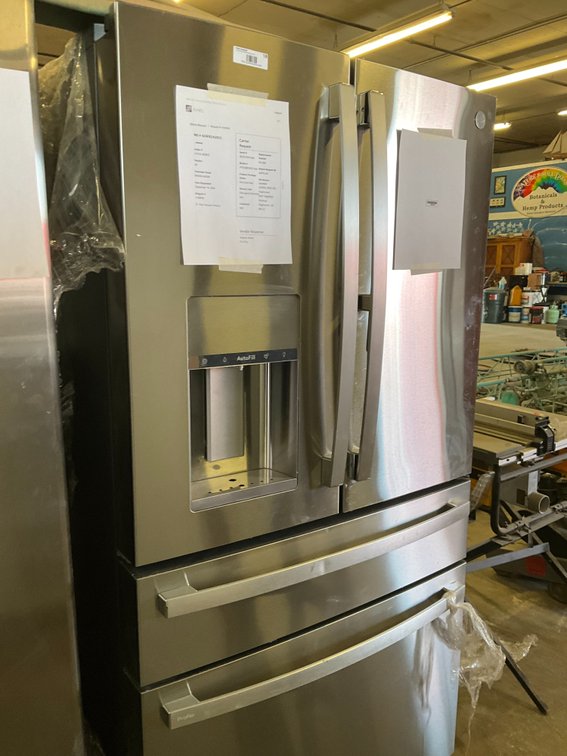 GE Refrigerator - Model: PVD28BYNFS, 27.9 Cubic Foot, Stainless, Double Door, Bottom Freezer, Unused, Water Dispenser, 36"W x 70"H x 34"D