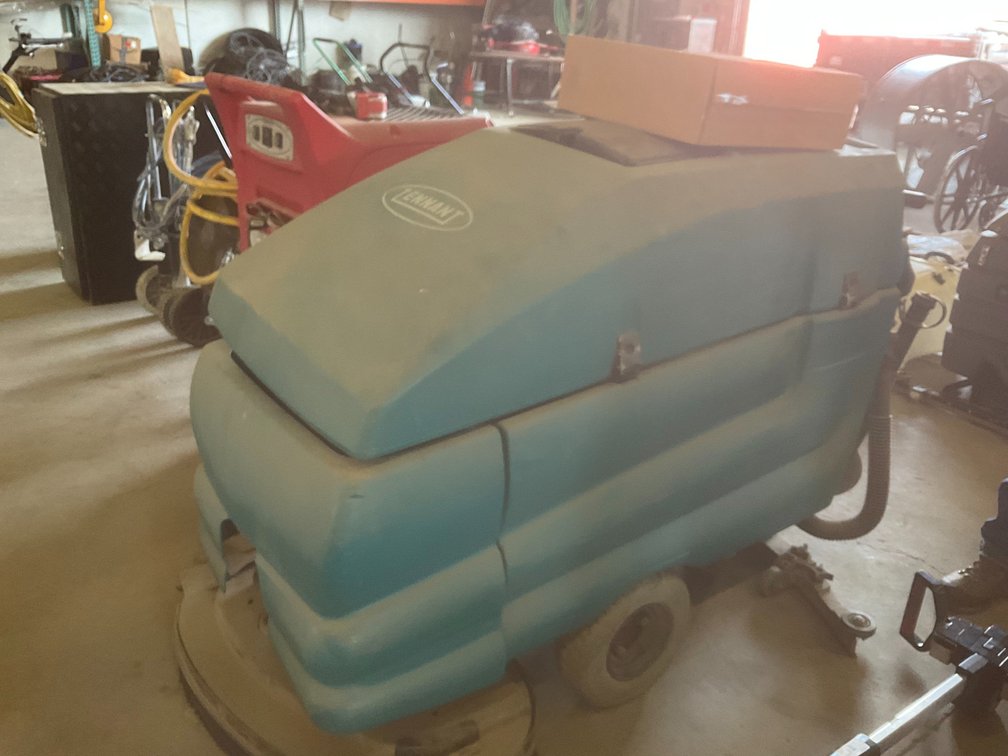 Tennant Walk Behind Electric Floor Scrubber - Model: 5680-13820, Showing 14 Hours, (6) Batteries and (4) New Floor Pads (NO CHARGER)