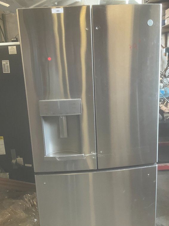 GE Refrigerator - Model: GFE28GYNFS, 27.7 Cubic Feet, Stainless, Bottom Freezer, Unused, 36"W x 70"H x 32"D
