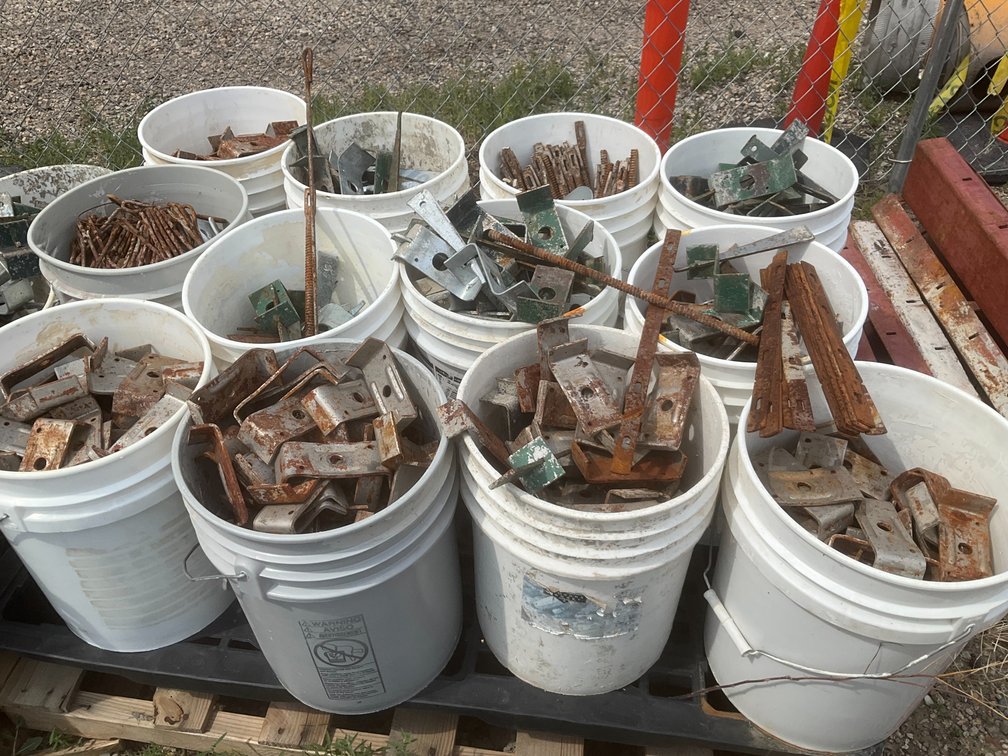 (12) 5-Gallon Buckets of Assorted Concrete Snap-Ties, Curb Form Brackets and Form Brackets