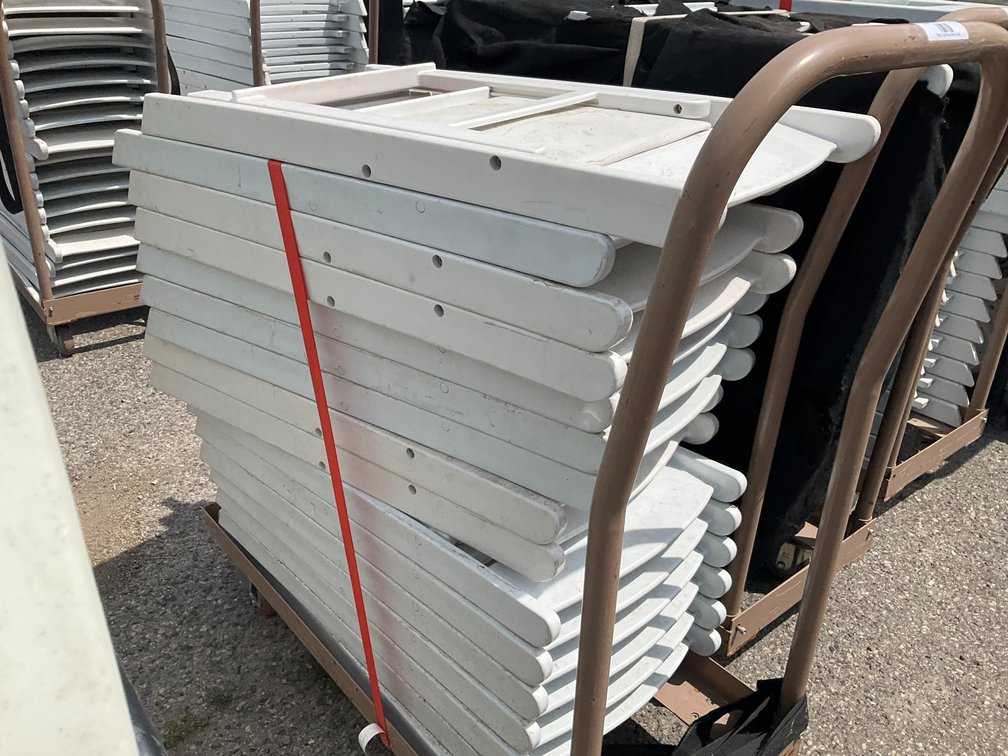 Rolling Cart with Approximately (16) White Plastic Padded Folding Chairs