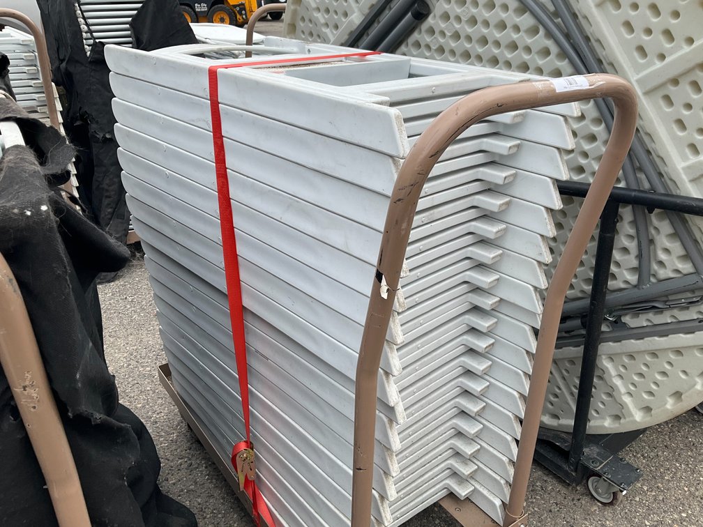 Rolling Cart with Approximately (18) White Plastic Padded Folding Chairs