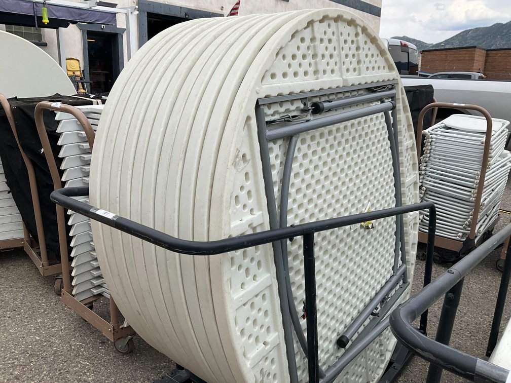 Rolling Cart with Approximately (11) 5' Diameter, Round Plastic Folding Tables