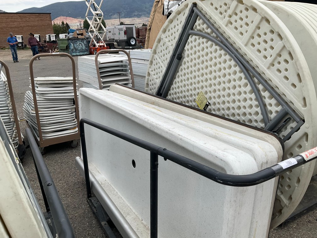 Rolling Cart with (2) 6' Plastic Cooler/Beverage Bins, (1) 6' Plastic Folding Table, (1) Wooden 6' Folding Table and (1) 5' Round Plastic Folding Table