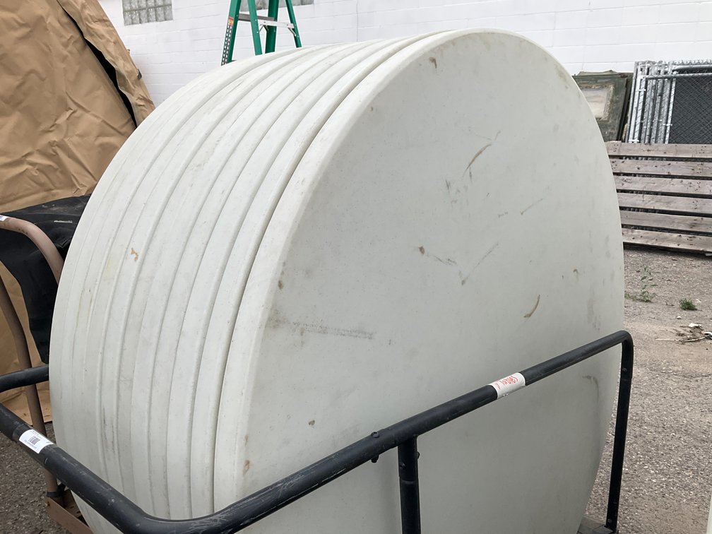 Rolling Cart with Approximately (11) 5' Diameter Round Plastic Folding Tables