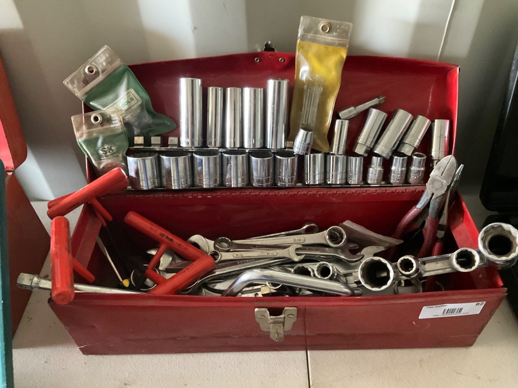 Metal Tool Box (Dented/Dinged) with Assorted Sockets - 3/8" and 1/2" Drive, Extensions, Wrenches, Wire Cutters, Allen Wrenches and More