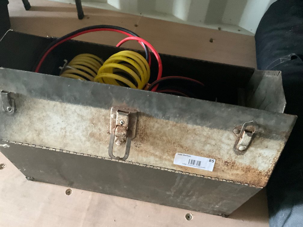 Metal Tool Box With Jumper Cables, Air Hose, Screw Drivers, Hammer, Jack, Saw and Other Miscellaneous