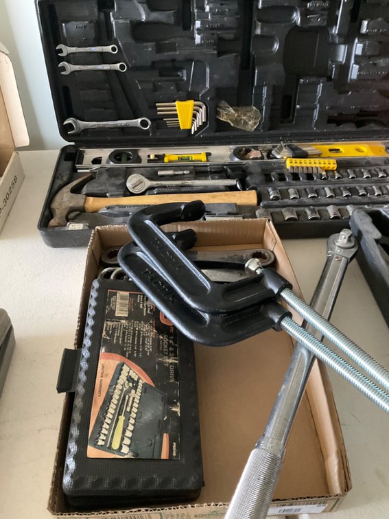3/8" Drive Tool Kit (Partial), Torque Wrench, (2) C-Clamps, (3) Craftsman Ratcheting Wrenches and 1/4" Drive Socket Set (Partial)