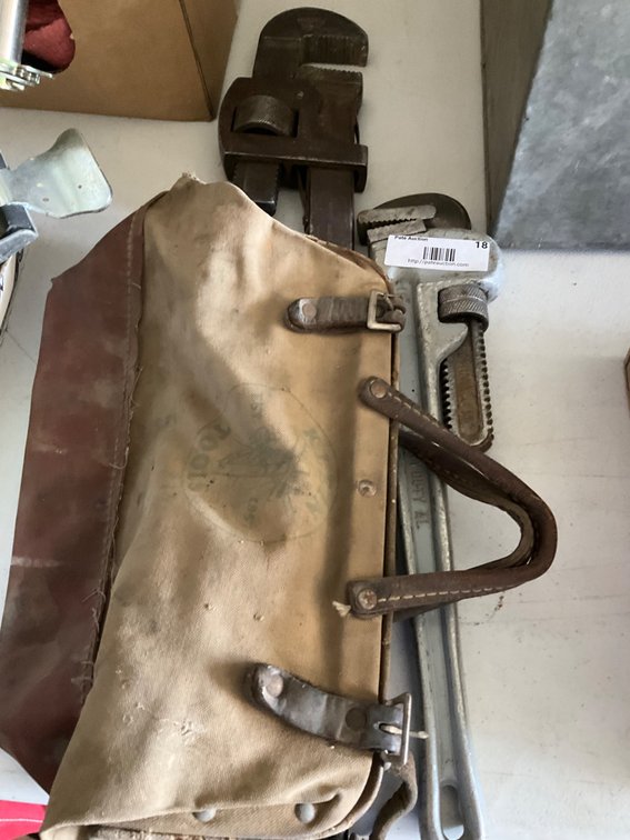 Vintage Klein Tools Leather and Canvas Tool Bag, 18" Aluminum Pipe Wrench and 24" Drop Forged Pipe Wrench