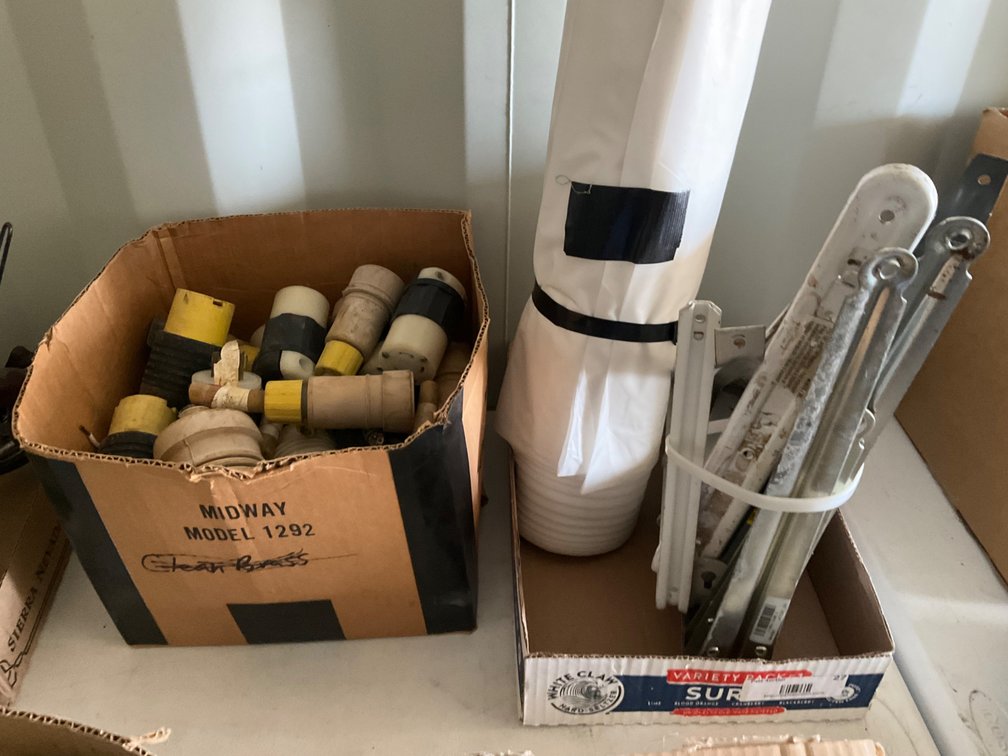 Box of Assorted Electrical Cord Ends - 110-220, 30Amp, Large Roll of Poly Sheeting/Plastic Film and (11) Assorted Shelf Brackets