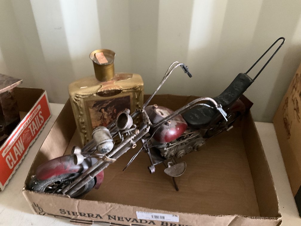 Metal Motorcycle Model and Vintage Beams Choice Bourbon Whiskey Bottle (No Contents)