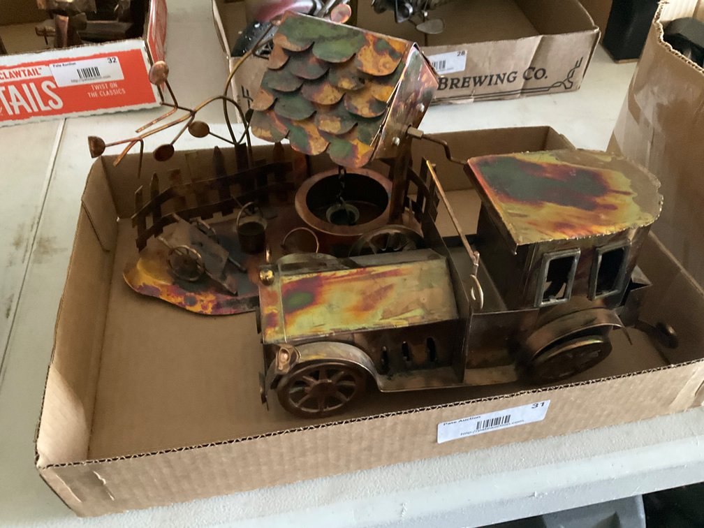 Vintage Metal "Old Car" Music Box (Missing Crank) and Vintage Metal "Wishing Well" Music Box