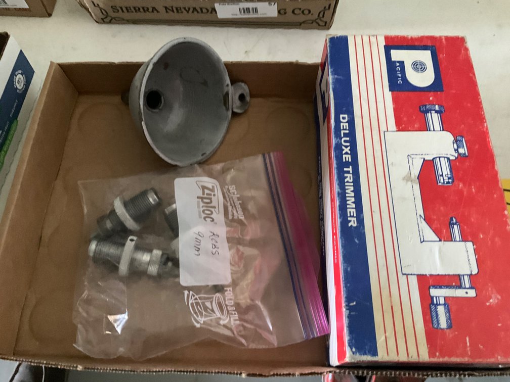 (3) RCBS 9mm Reloading Dies, Metal Funnel and Pacific Deluxe Trimmer
