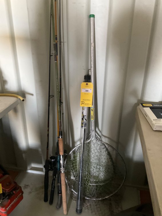 Fishing Lot - (2) Fishing Poles With Reels, (4) Fishing Rods - No Reels, (1) Fly Rod - No Reel and (2) Fishing Nets