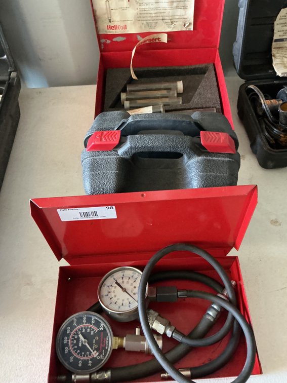 Powerbuilt Lathe Type Ridge Reamer - Model: 648618, Spark Plug Thread Repair Kit - 14mm, And (2) Compression Testers - One is Snap-On and One is Sears