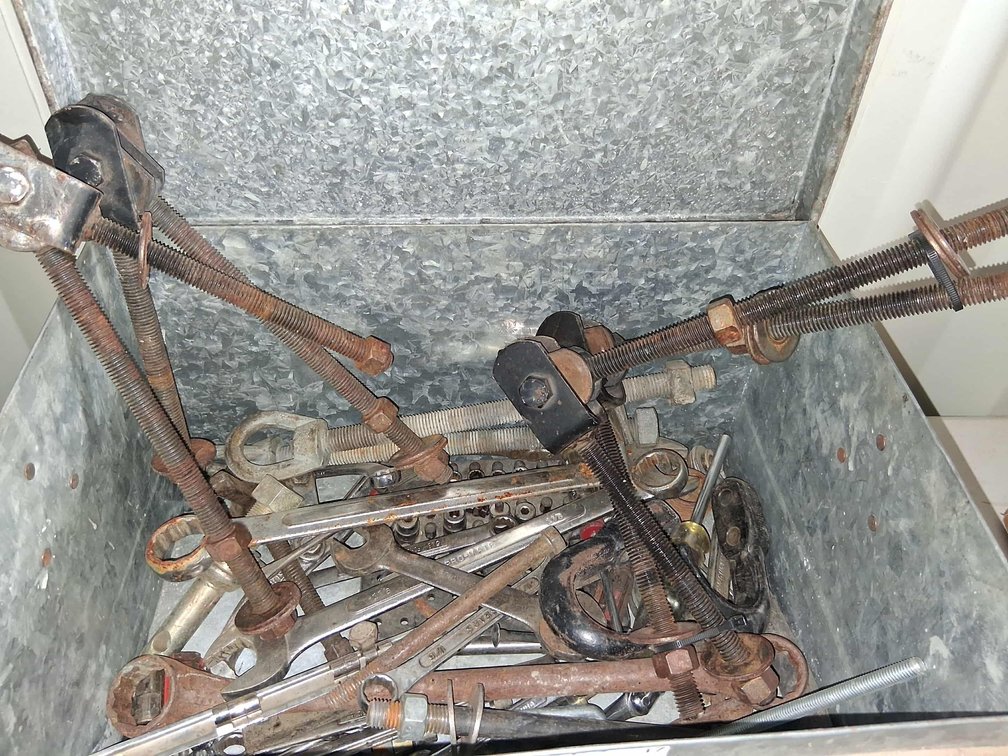 Custom Built Metal Box with Assorted Wrenches, Tow Hooks, Sockets, (2) Sets of Fence Gate Hardware and Other Miscellaneous