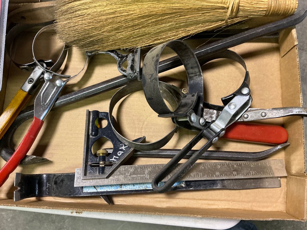Assorted Oil Filter Wrenches, Crowbars, Square and Hand Brooms
