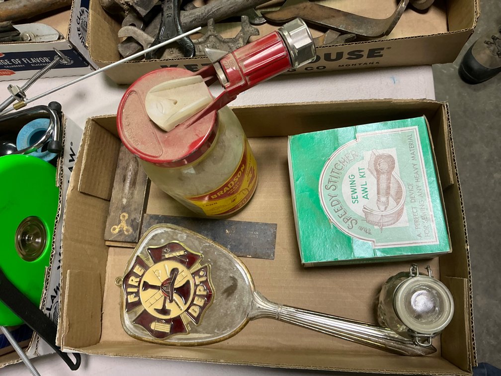 Vintage Bradson Garden Hose Spray Grass Gun, Vintage The Speedy Stitcher Sewing Awl Kit, Mirror, Fire Department Ornament and Other Miscellaneous