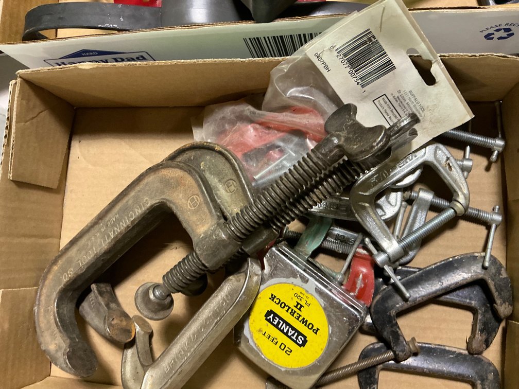 Assorted C-Clamps and 20' Tape Measure