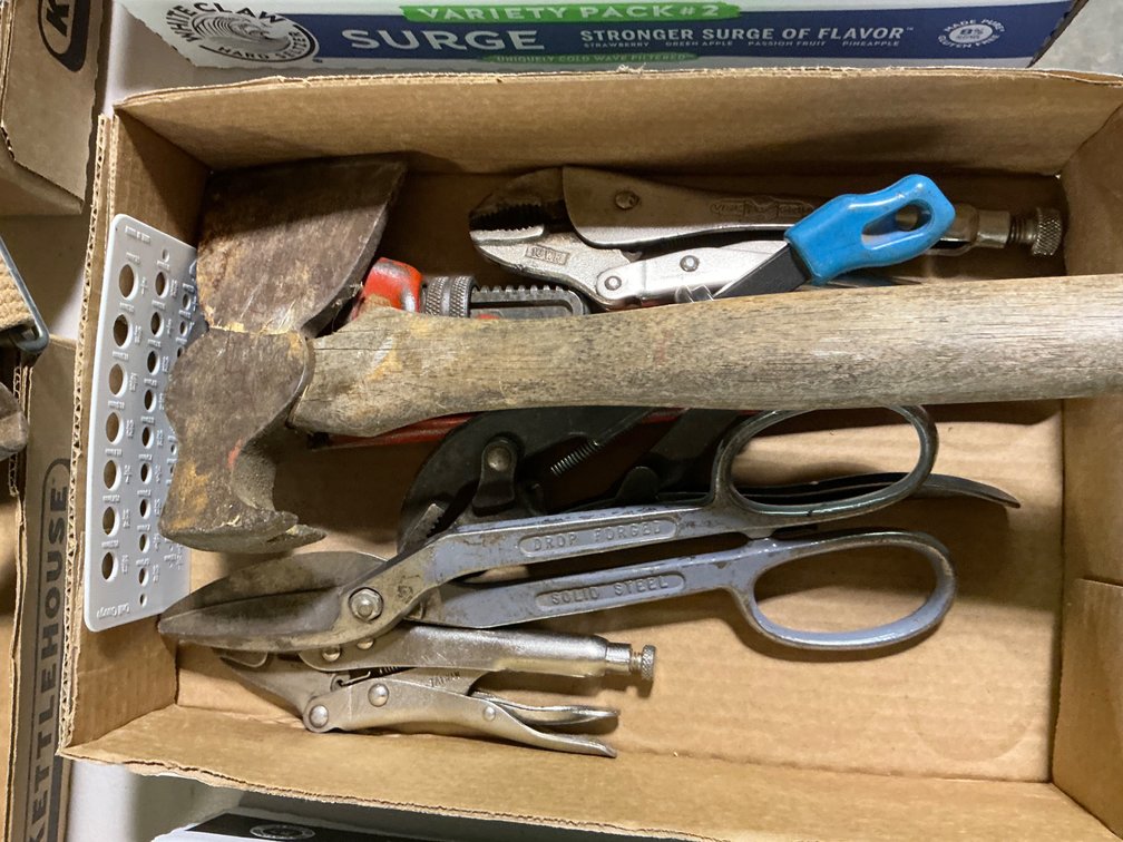 14" Ridgid Pipe Wrench, Hatchet, Shears and Assorted Vise Grips