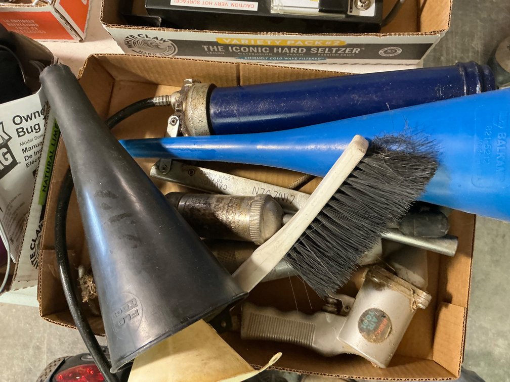 (2) Hand Pump Grease Guns, (1) Pneumatic Grease Gun and Assorted Funnels