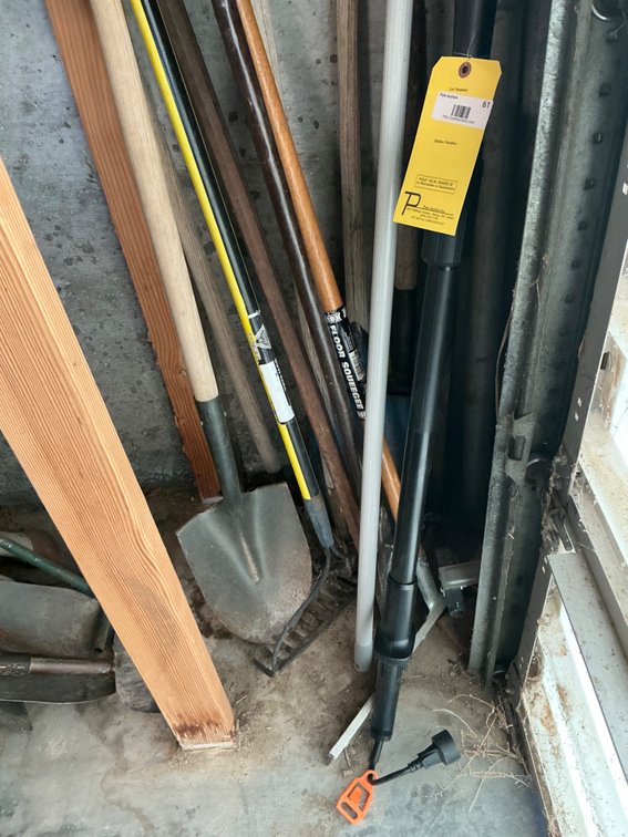 Lot of Assorted Hand Tools - Electric Tool Extender, Shovels, Rake, Spud Bars, Squeegee, and More