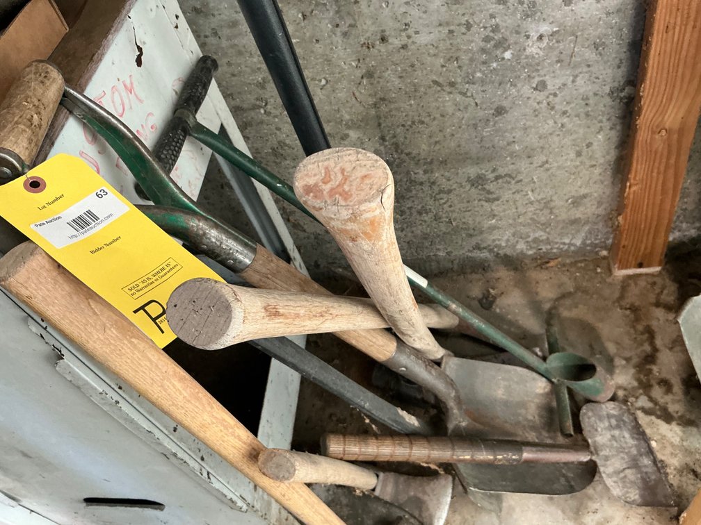 Assorted Hand Tools - Shovel, Pick, Sledge, Hoe and More