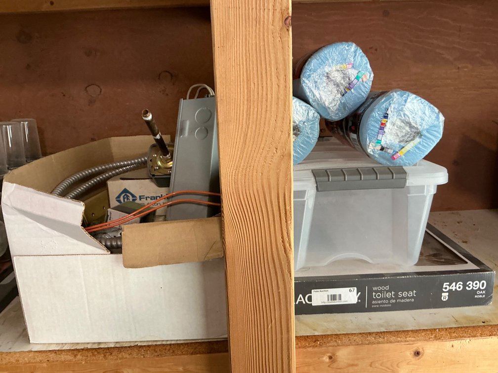 Assorted Franklin Electric Components, Wooden Toilet Seat and (3) Rolls of Shop Towels