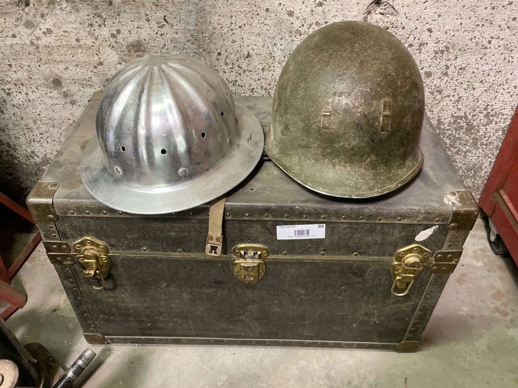 Vintage Trunk with Miscellaneous Old Newspapers, Vintage Army Helmet and Aluminum Hard Hat