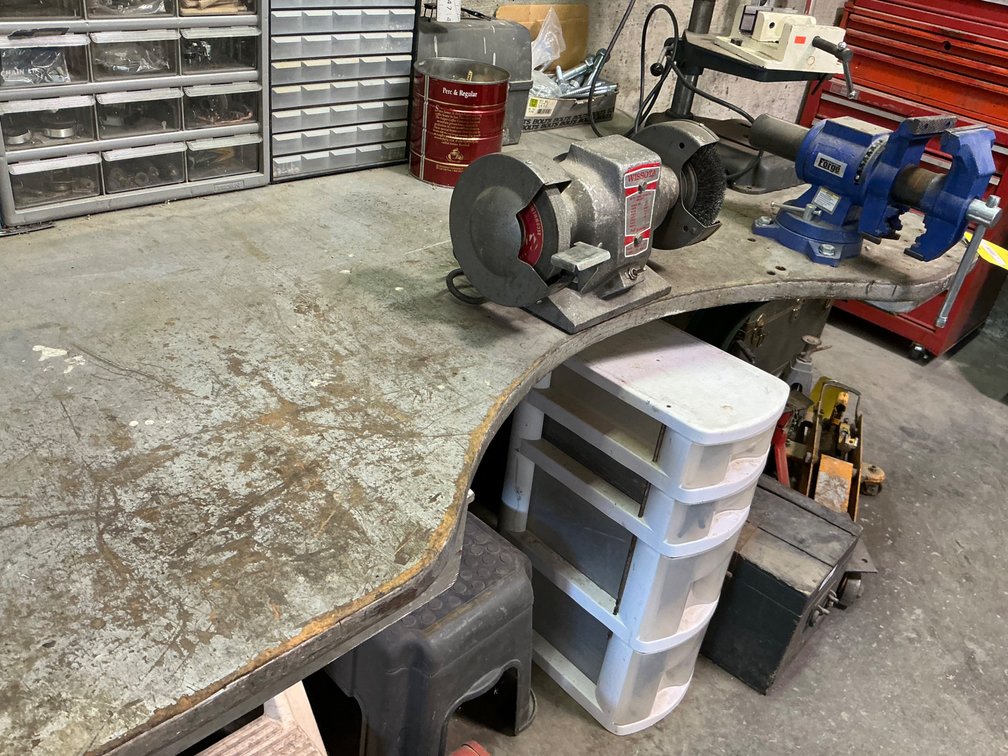 Vintage Work Table with Central Forge Vise and Wissota Bench Grinder - Table is 69"W x 36"D x 30"H
