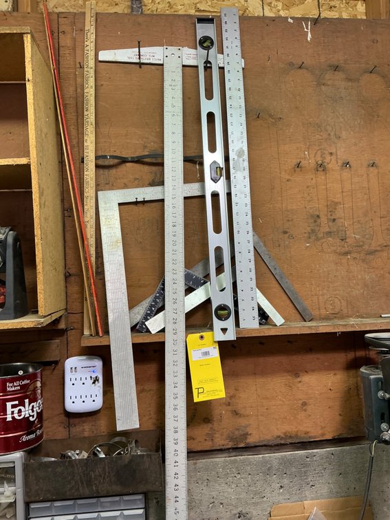 (4) Assorted T Squares, (1) 48" Square, (3) Yard Sticks, Level Etc.