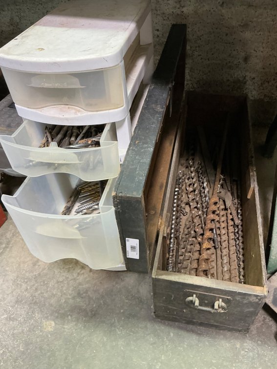 4-Drawer Plastic Storage Container with Assorted Drill Bits and Vintage Wooden Box with Assorted Wood Drill Bits