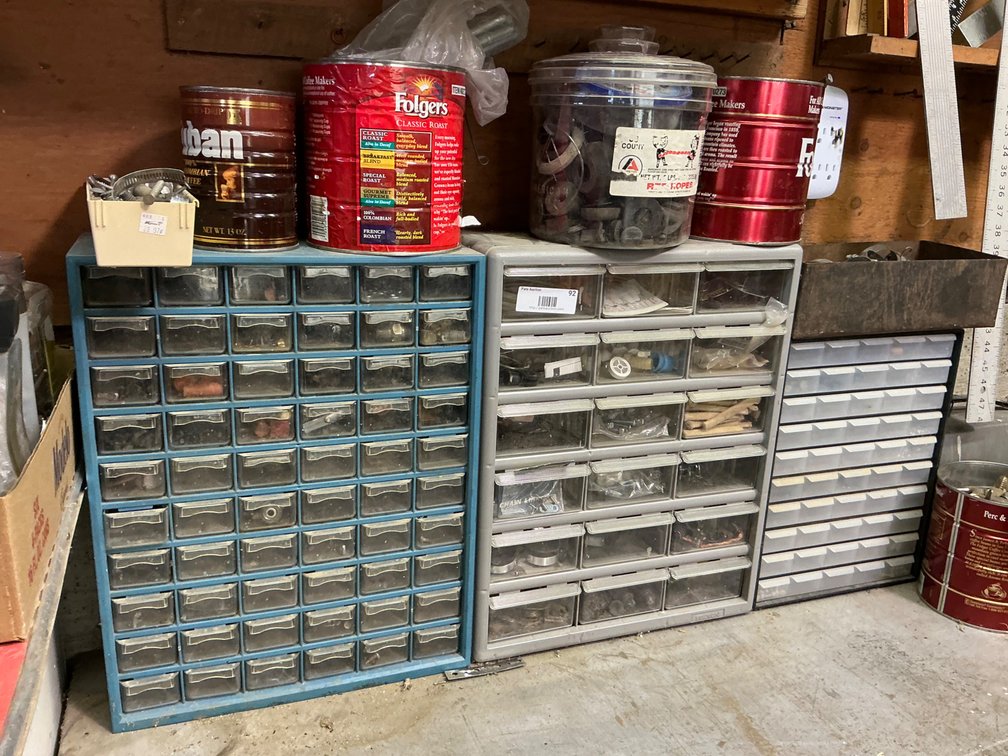 Large Lot of Small Parts/Fastener Organizers and Assorted Bins Containing Electrical Components, Screws, Springs, Nuts, Clips, Hose Clamps, Chain Links, Lag Bolts and More
