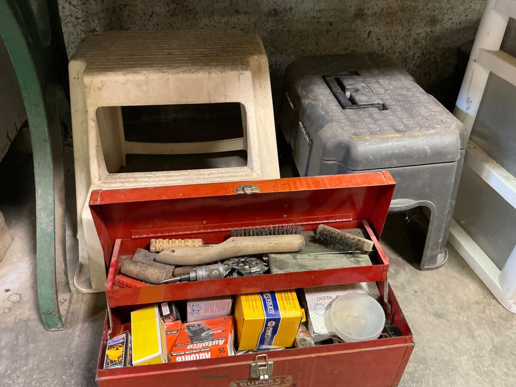 Metal Tool Box with Assorted Tools - Ratchets, Bits, Punch, Spark Plugs, Spark Plug Gap Tools, Wire Brush, (2) Step Stools