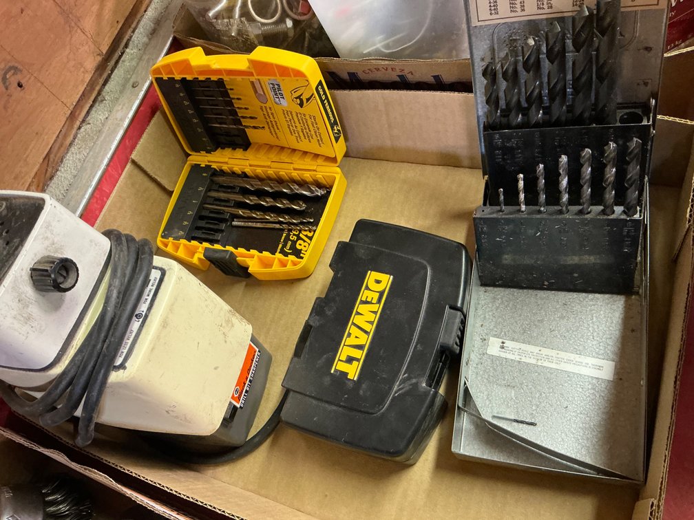 Partial Dewalt Impact Drill Set, (2) Partial Drill Bit Sets and Black and Decker Drill Bit Sharpener