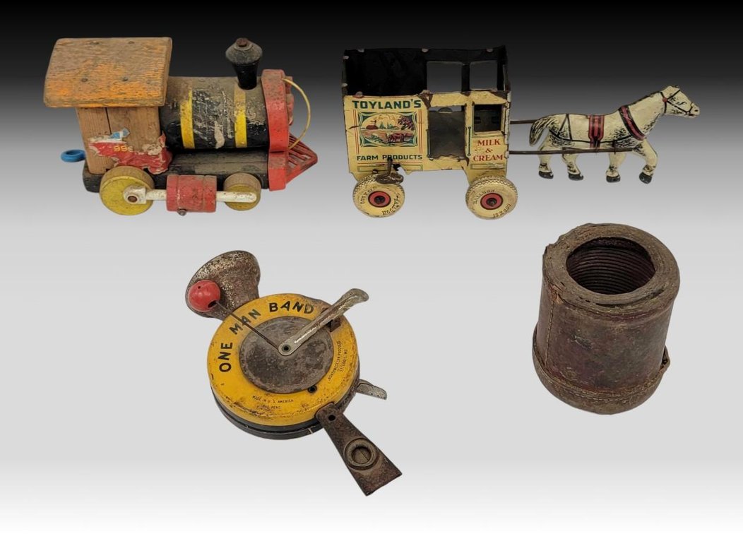 Fisher Price Train, Tin Litho Truck, One Man Band & Dice Cup w/ Dice