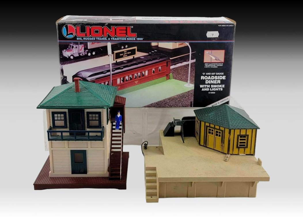 Model Train Set Pieces - Oil Drum Loader, Switch Tower, & Roadside Diner