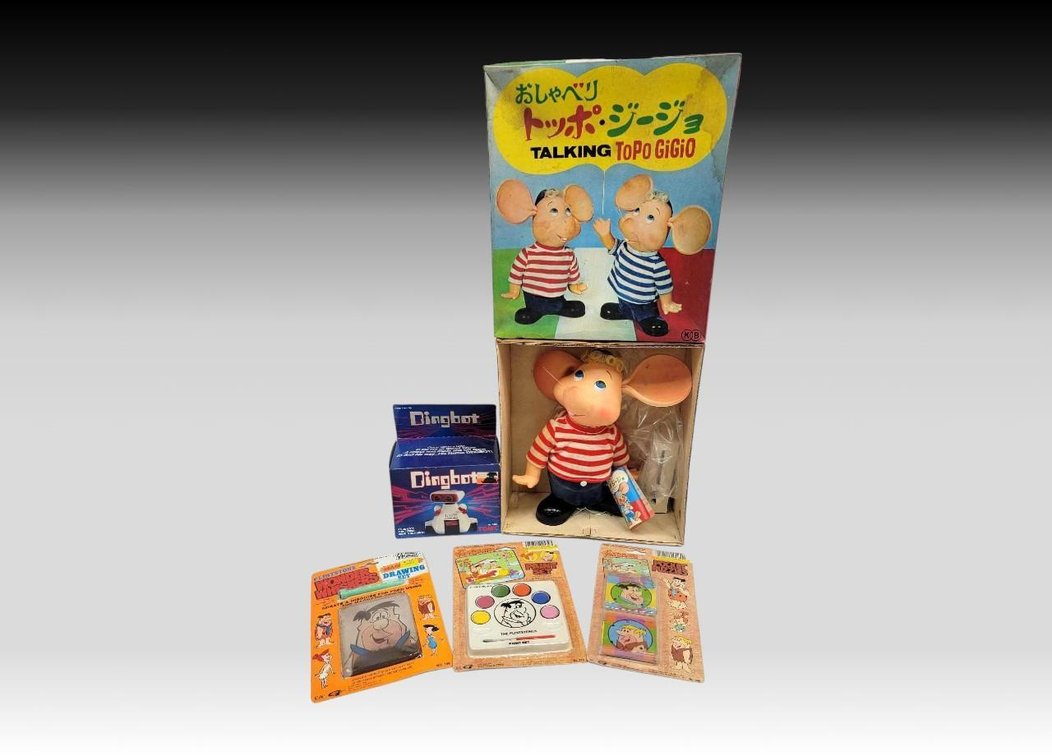 Talking ToPo GiGio Doll, Tomy Dingbot Robot & 3x Flintstones Toys
