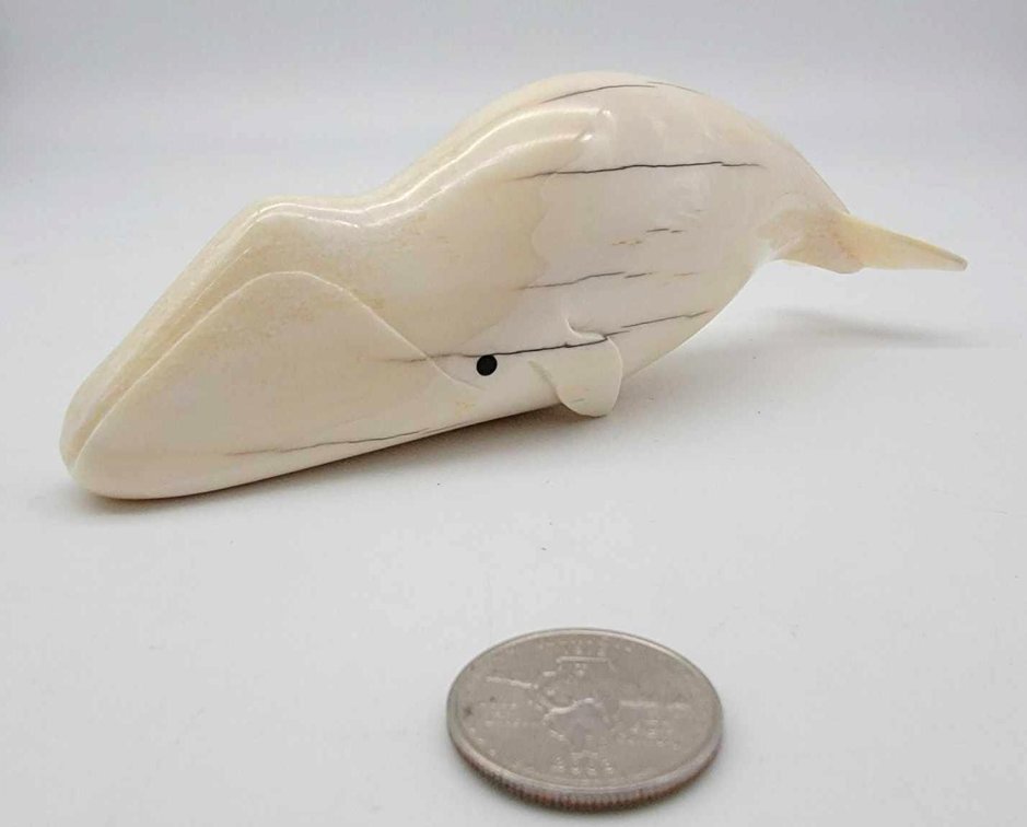 Carved Walrus Ivory Whale by Michael Slwooko  