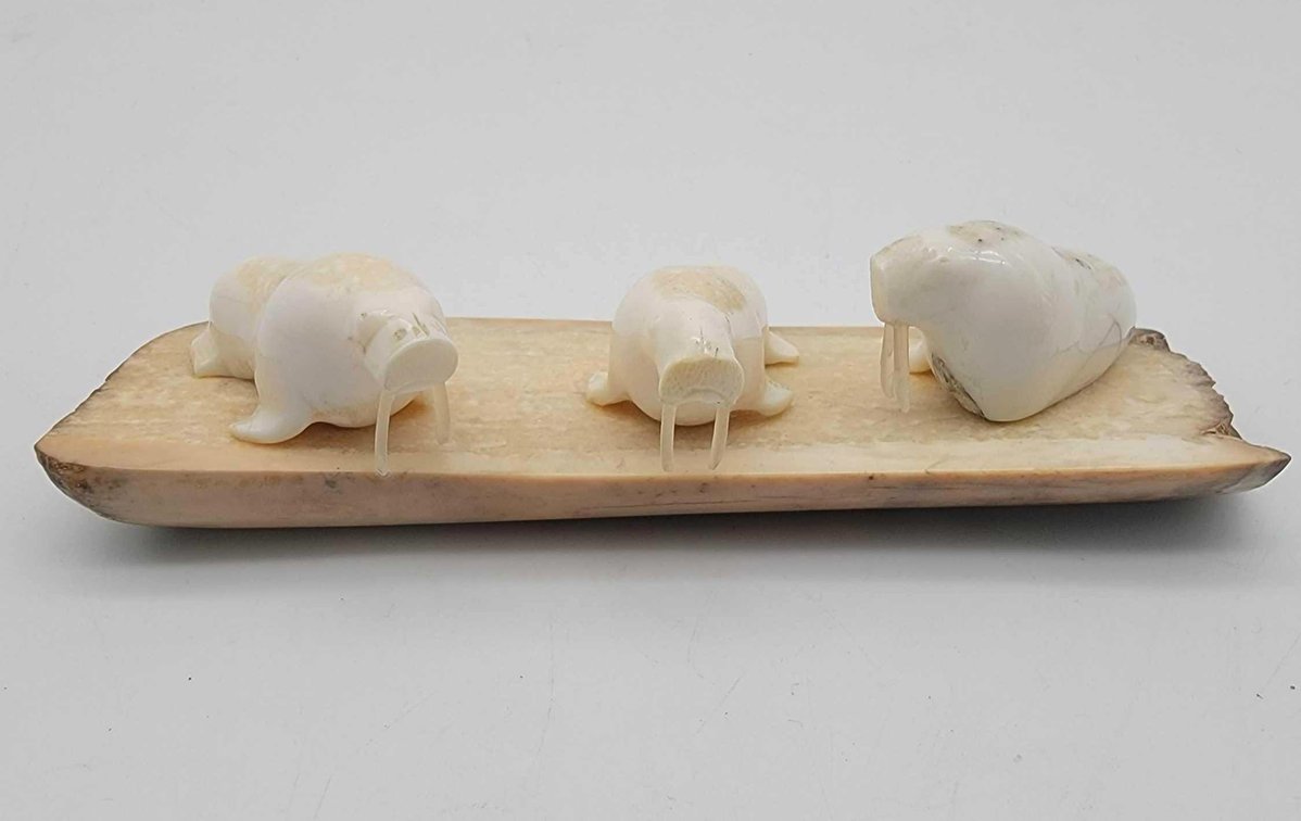 Carved Walrus Ivory Family on Fossilized Base Signed Noongrook 