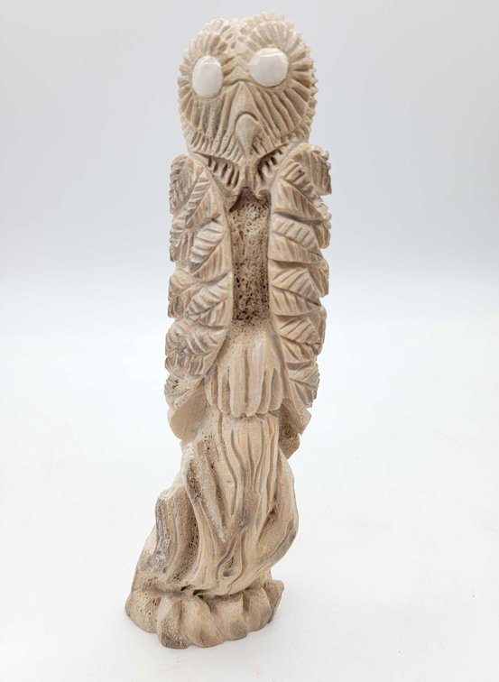 Large Fossilized Bone Carved Owl w/Ivory Eyes
