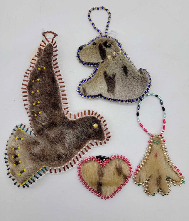 4x Hand-Beaded Seal Fur Ornaments