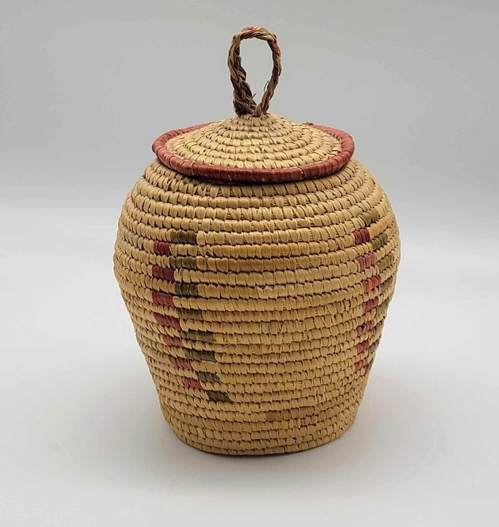 Woven Alaska Native Grass Basket with Checkered Stripes