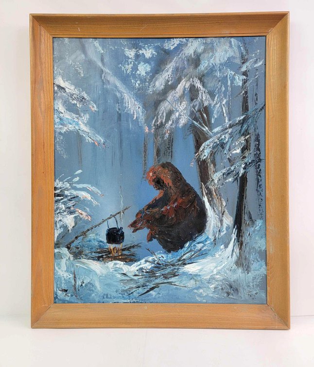 Painting of Winter Campfire Signed "Castle"