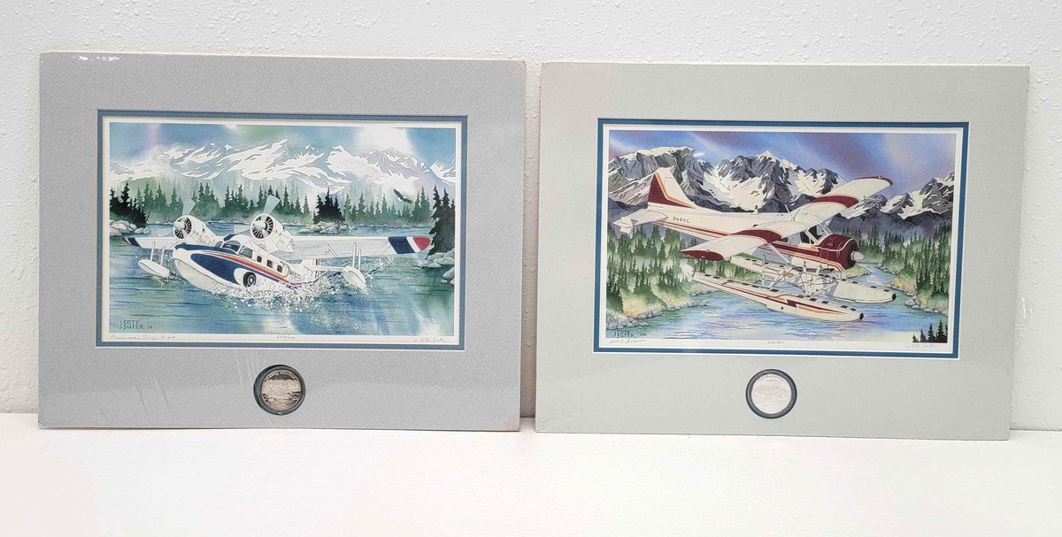2x Jacquie Coté-Suter Prints & Silver Medallions - "Grumman Goose" & "DHC-2 Beaver"