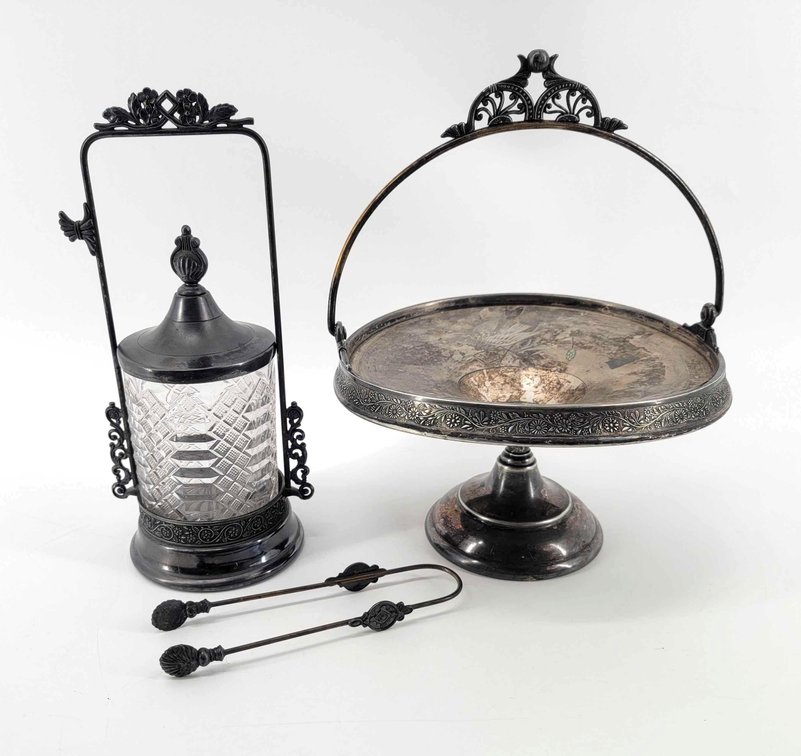 Antique Pickle Castor W/ Tongs & Bridal Basket