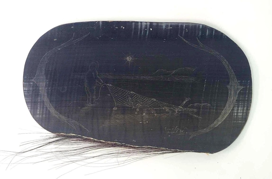 Vernon Long Scrimshawed Baleen Panel of Fisherman
