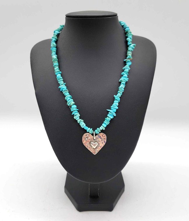 Turquoise & Sterling Silver Heart Necklace By Peyote Bird